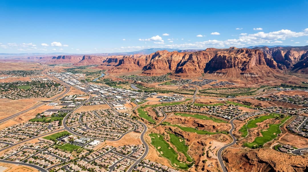 St. George Utah cityscape with red rock cliffs