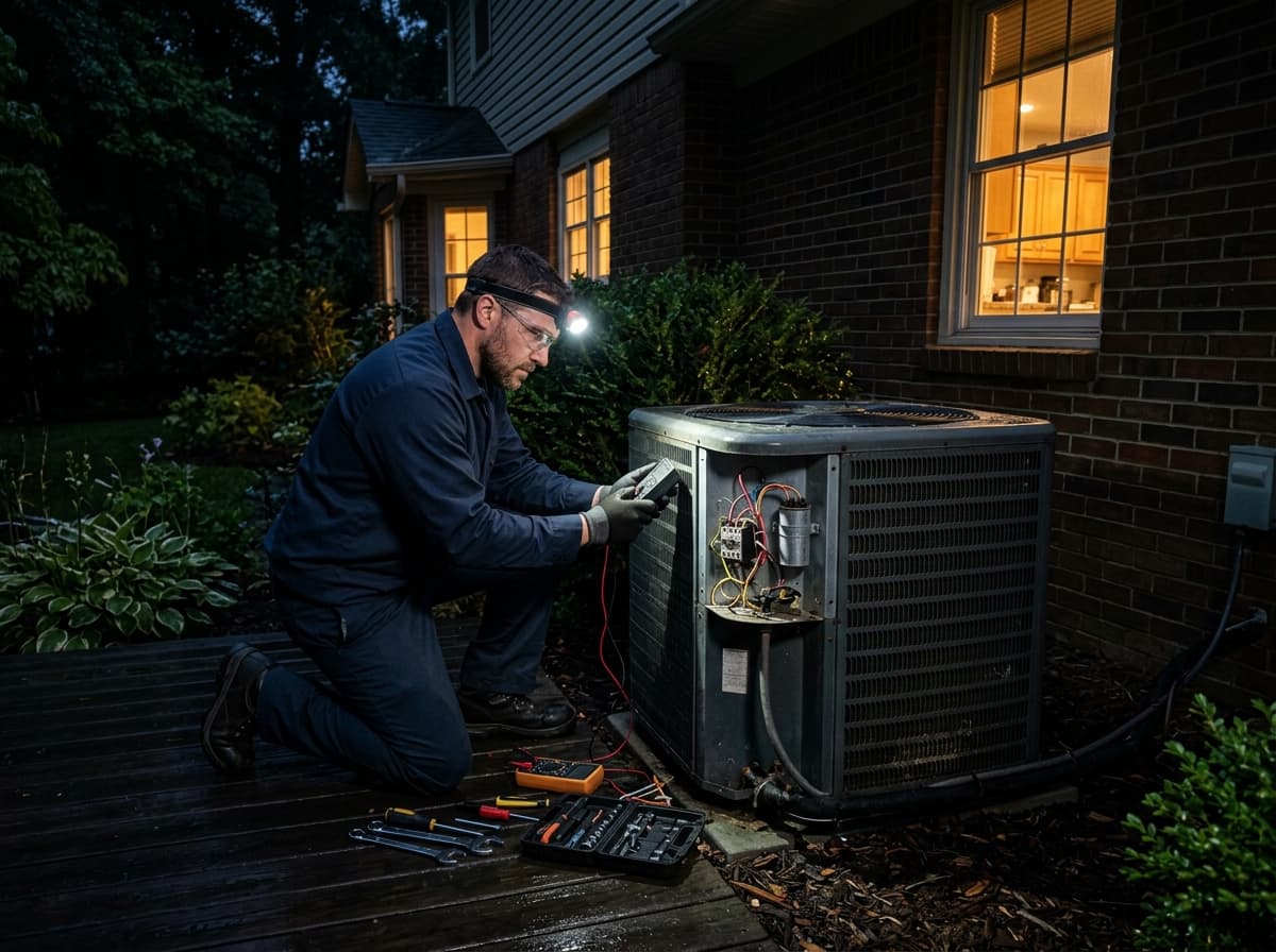 Marlin Plumbing Heating & Air emergency AC repair technician working on a residential unit at night in St. George, Utah